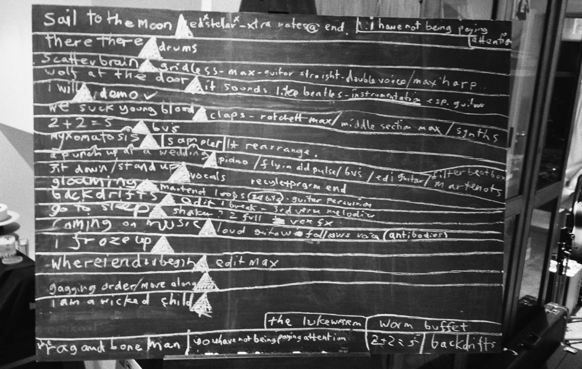 Le tableau noir de Radiohead lors de l'enregistrement de « Hail To The Thief » du nouveau livre « How To Disparaître complètement ». Crédit : Colin Greenwood
