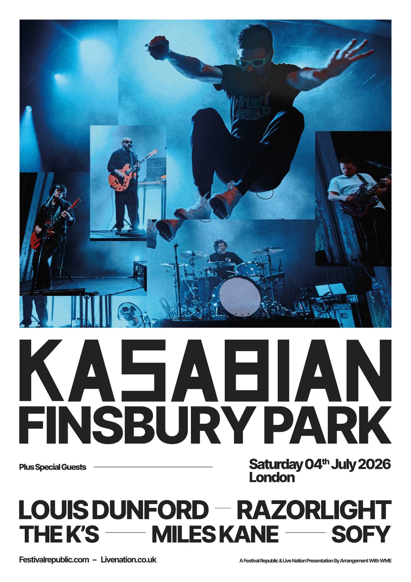 L'affiche line-up pour l'énorme salon de Kasabian en 2026 London Finsbury Park. Crédit: appuyez sur